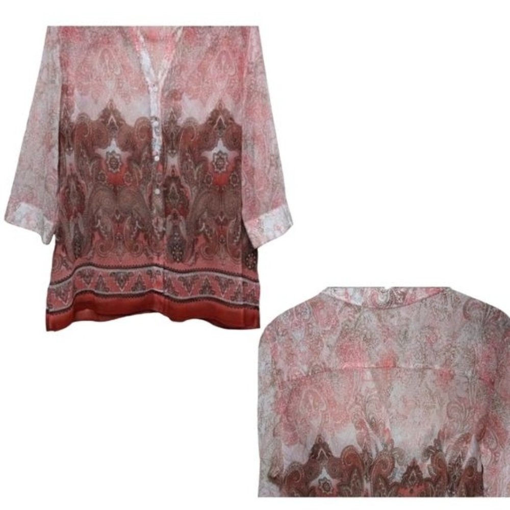 Chico's Sheer Bohemian Salmon Orange Coral Long Sleeve Blouse Sz 12